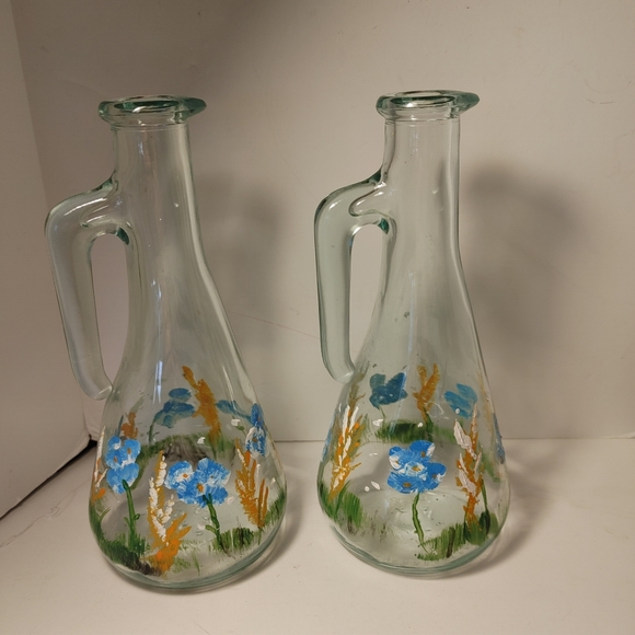 2 Green tinted Glass Hand Painted Vase or Cruet Italy - Picture 8 of 8